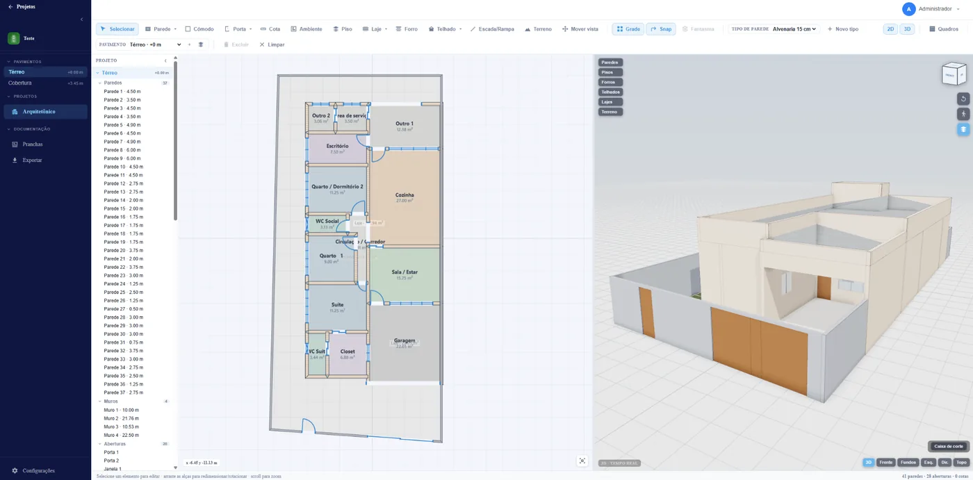 Editor VoxelBIM: planta baixa 2D com os cômodos cotados ao lado do modelo 3D da casa em tempo real