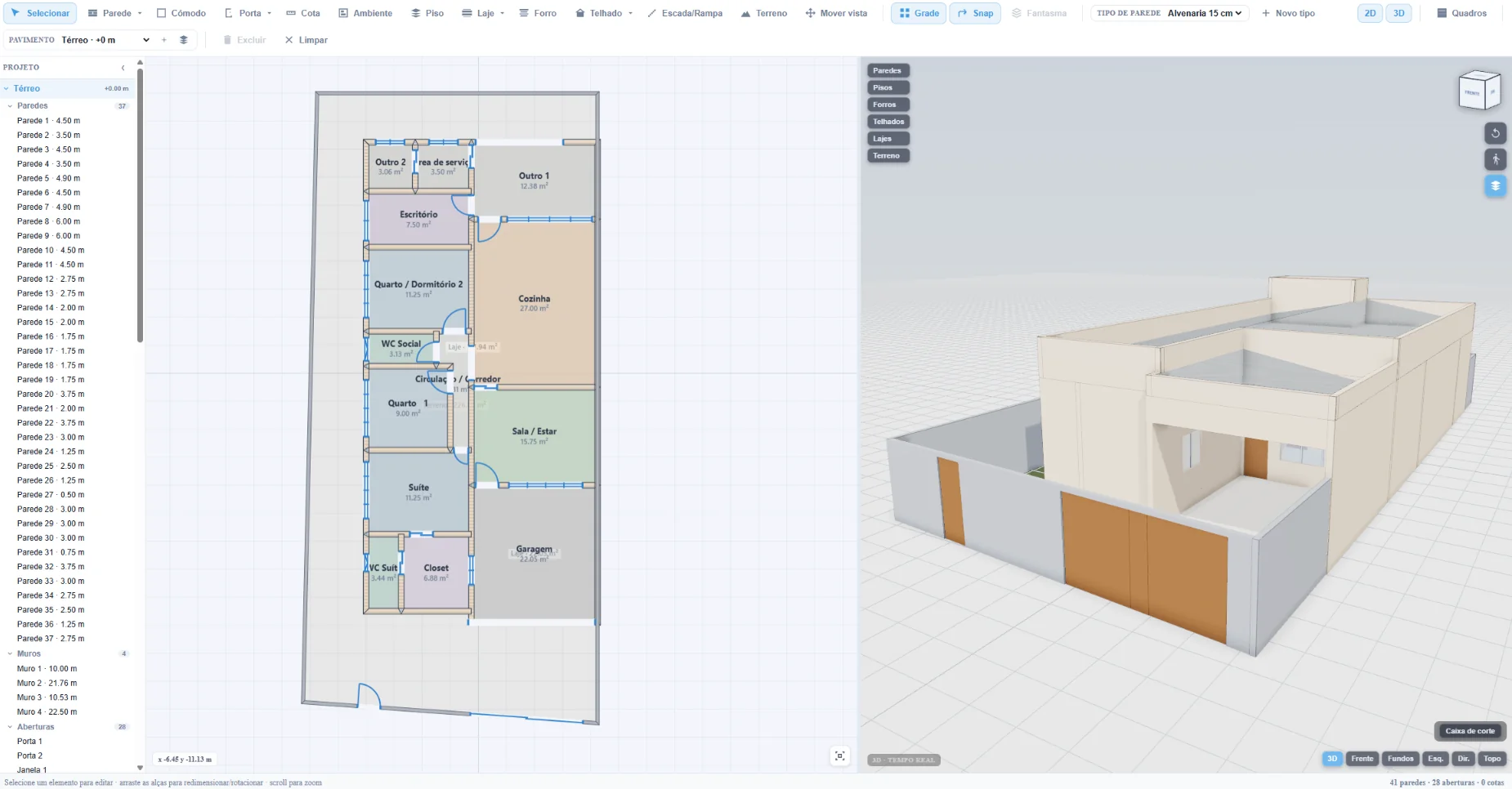 Tela do VoxelBIM: planta baixa 2D cotada ao lado do modelo 3D da edificação em tempo real